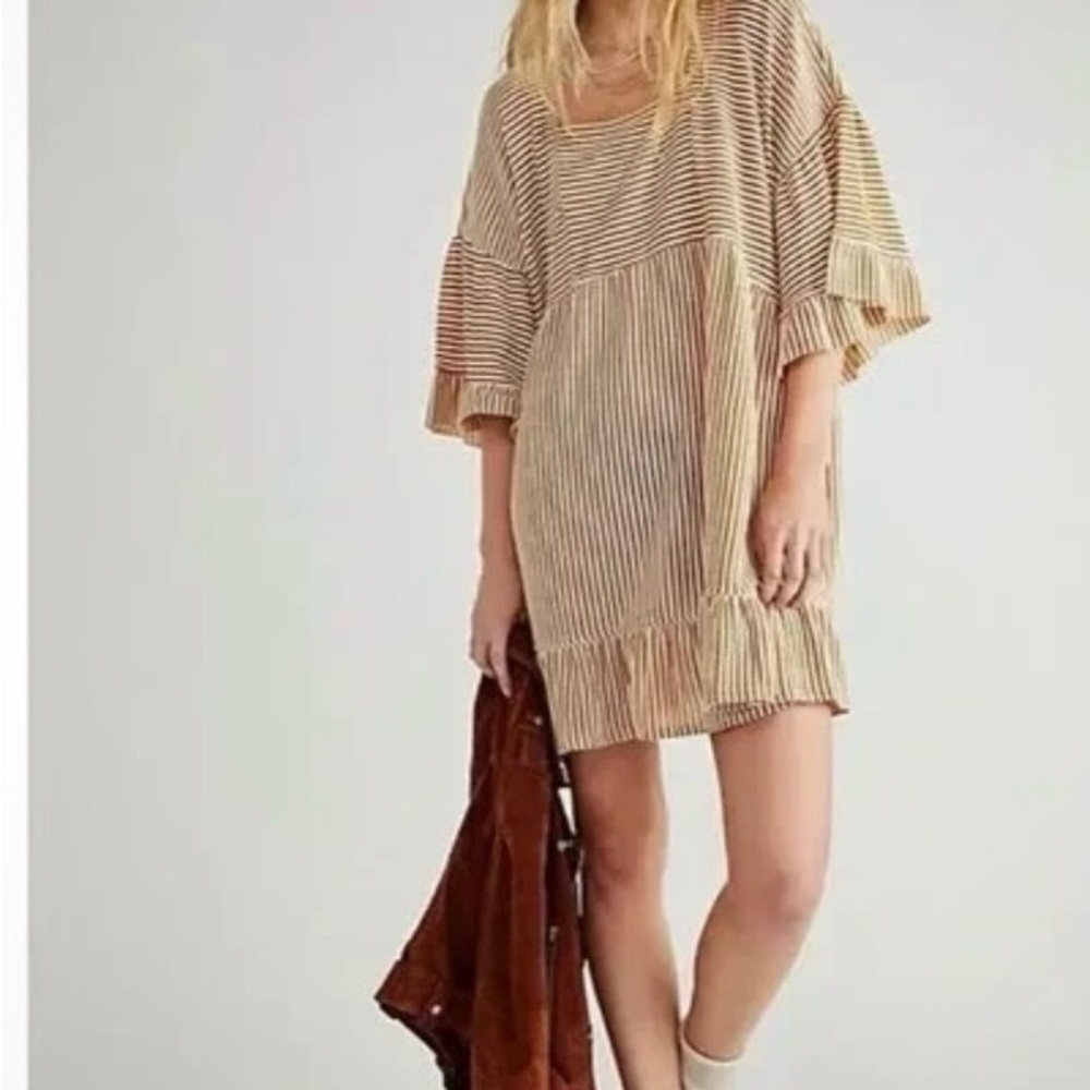 Free People EL Mar Striped Tan babydoll dress beach boho Coverup medium summer